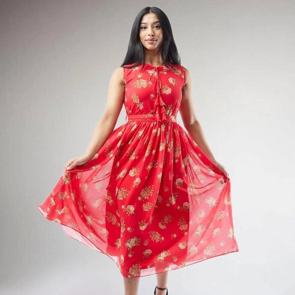 Red Printed Chiffon Knee-Length Dress | Muvvas Boutique - Picture 2 of 5